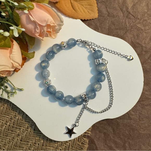 Sky Blue Bead Bracelet with Star and Chain - Picture 1 of 5